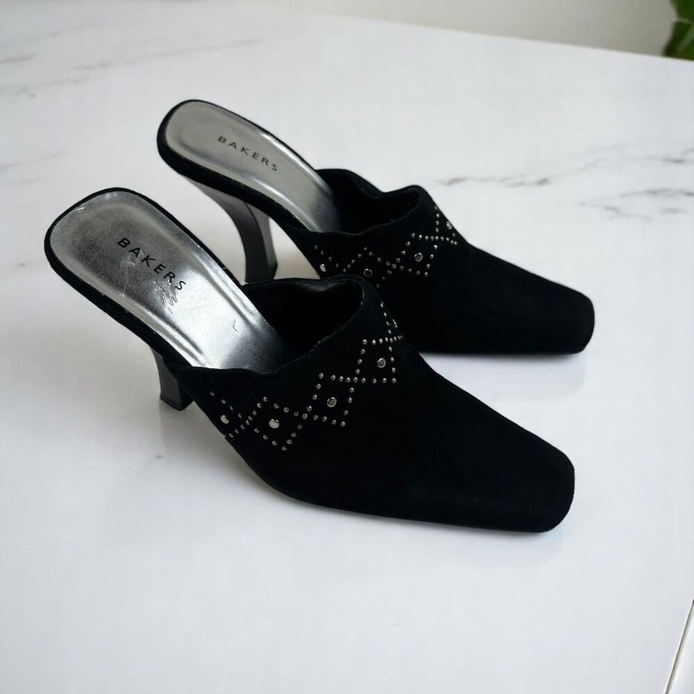 BAKERS 8B Black Suede Mules Whimsigoth Silver Studded Slip On Shoes High Heels